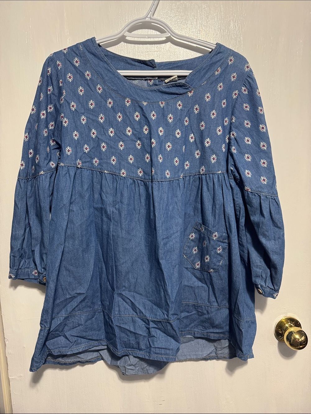 Embroidered Chambray Peasant Tunic Top - Blue